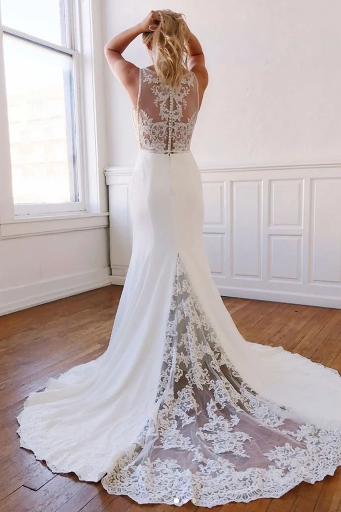 Mermaid SLeeveless V-neck Light Ivory Lace Prom Wedding Dresses, PD0650