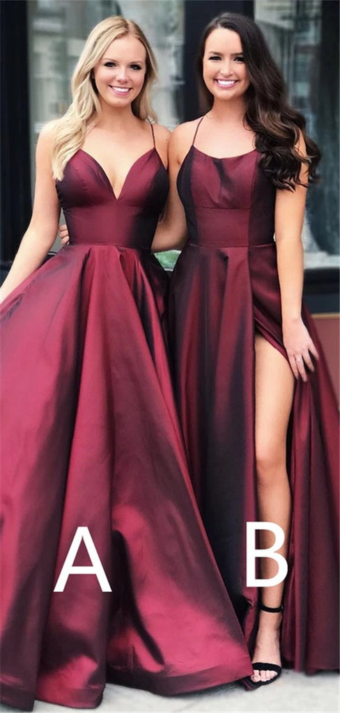 A-line Spaghetti Straps Burgundy Long Elegant Prom With Split, PD0651