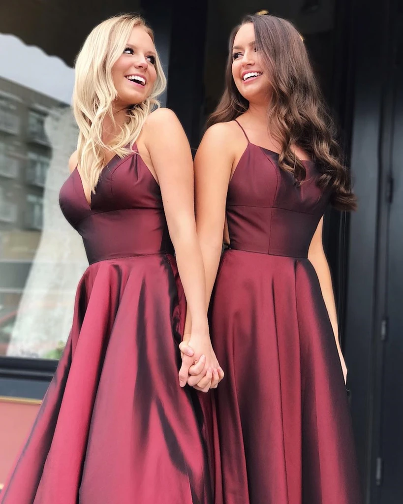 A-line Spaghetti Straps Burgundy Long Elegant Prom With Split, PD0651