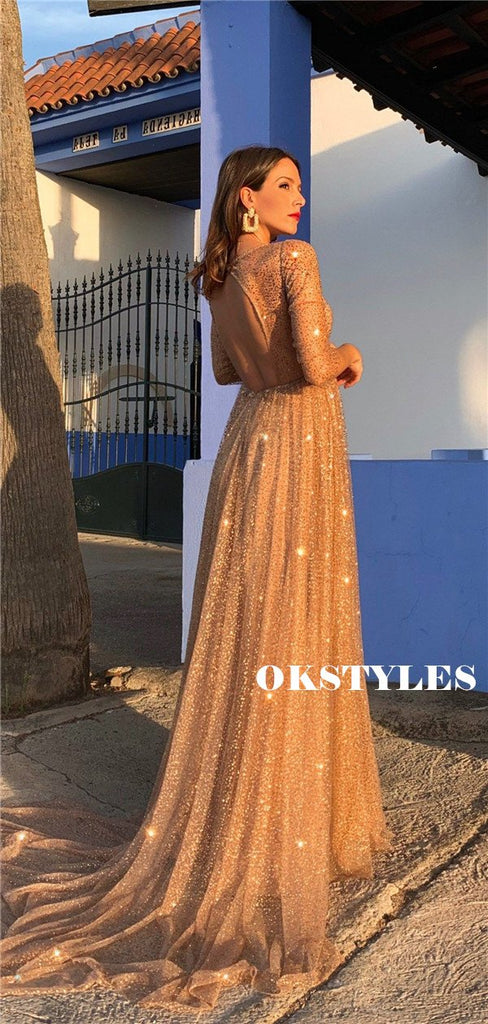 Sparkly A-line V-neck 3/4 Sleeves Open-back Long Prom Dresses, PD0653