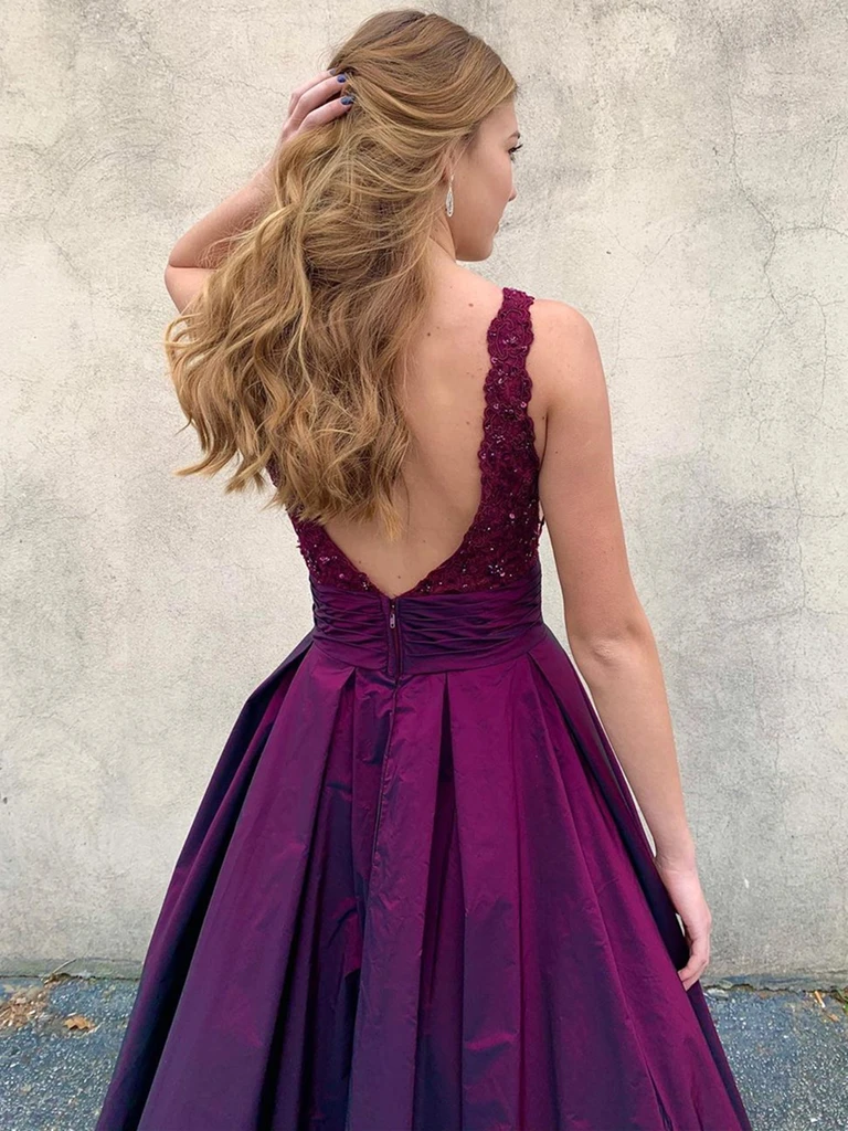 A-line Deep V-neck Lace Backless Long Prom Dresses With Pockets, PD0655