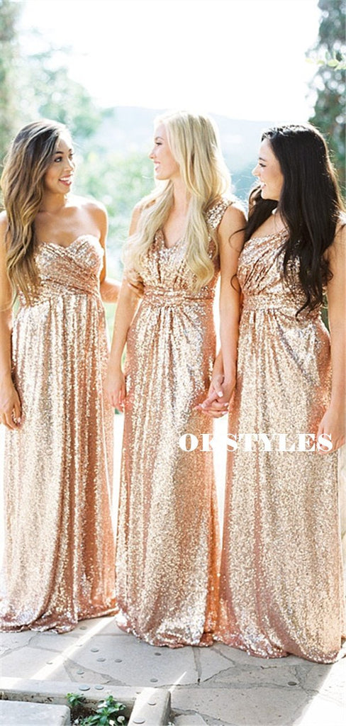 Sheath One-shoulder V-neck Sleeveless Long Sequins Bridesmaid Dresses, BD0615