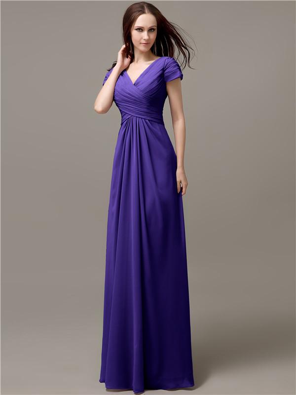 A-line V-neck Short Sleeves Pleats Bridesmaid Dresses