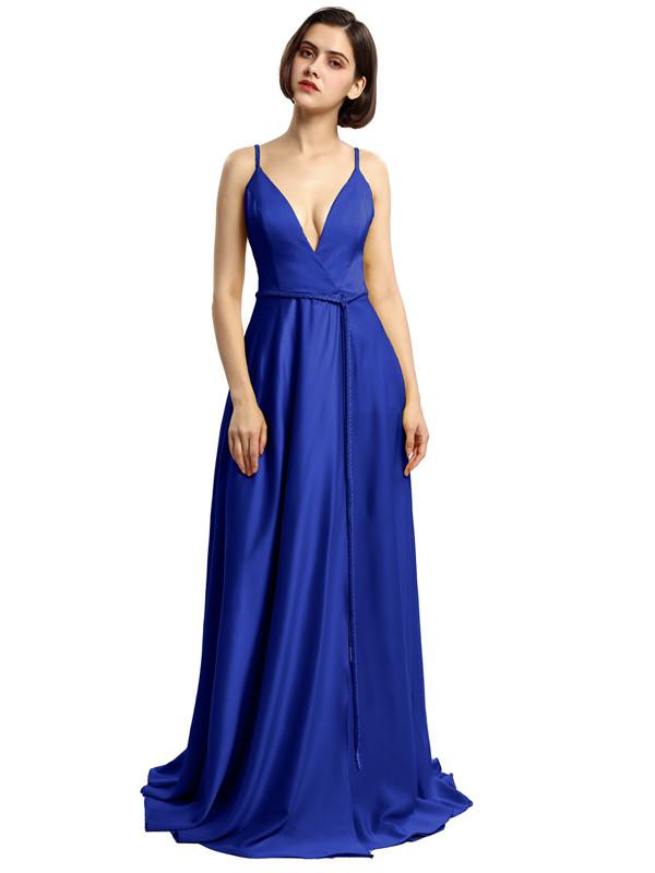 Spaghetti Strap Satin V-neck Prom Dresses