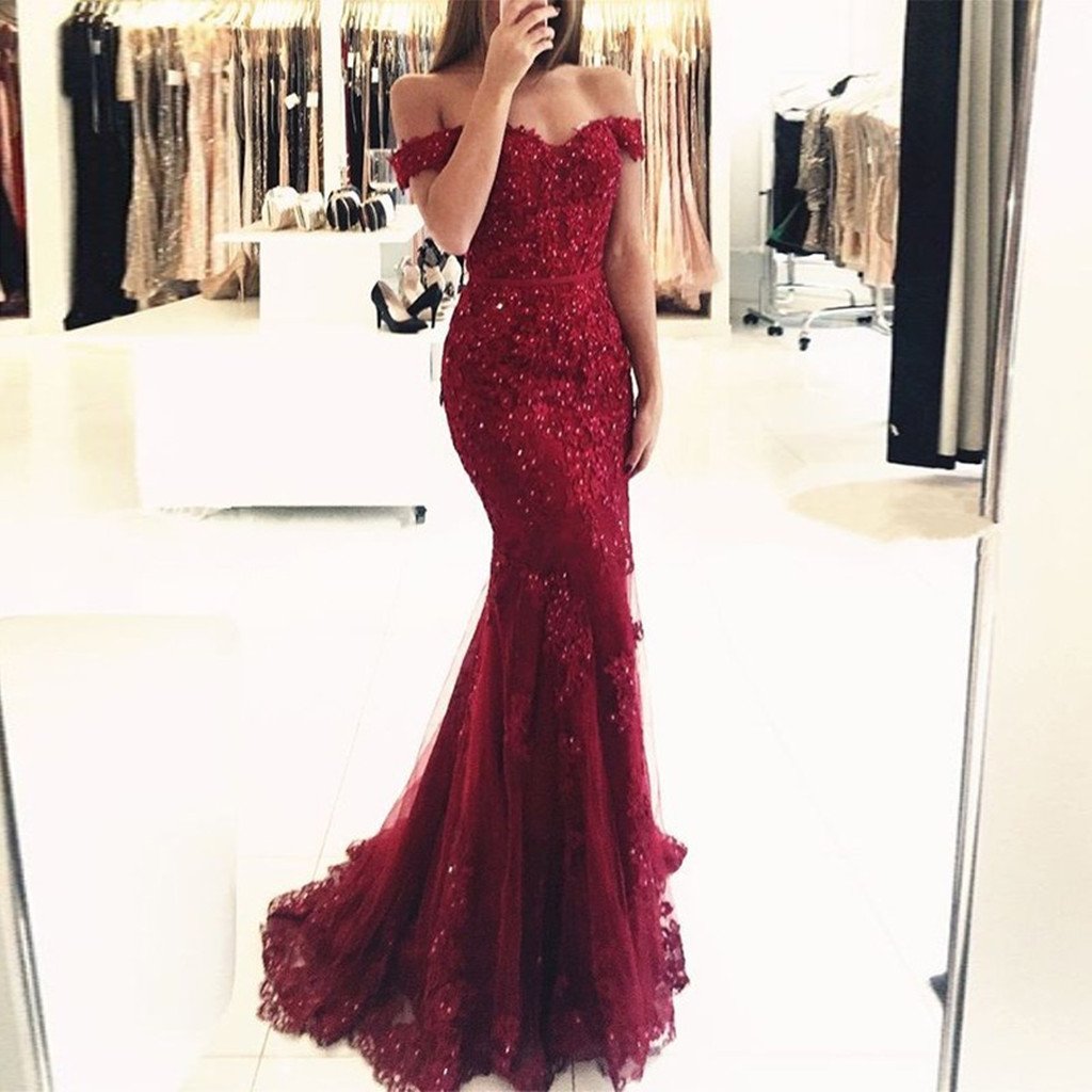 Mermaid Off-Shoulder Burgundy Appliques Beading Tulle Long Prom Dress, – MarryLover