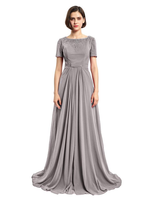 A-line Round Neck Short Sleeves Prom Dresses