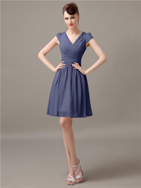 V-Neck Cap Sleeves Chiffon Bridesmaid Dresses