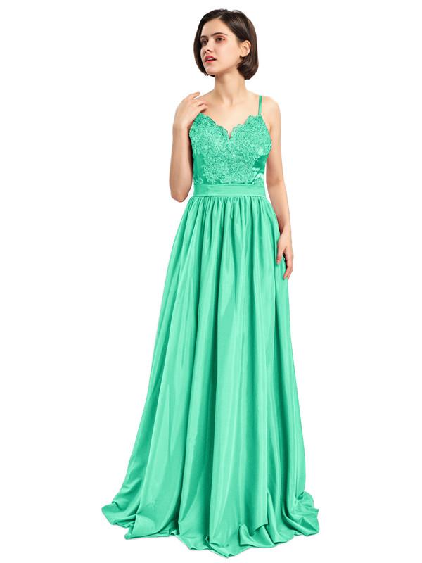 V-neck Straps Lace Appliques Prom Dresses