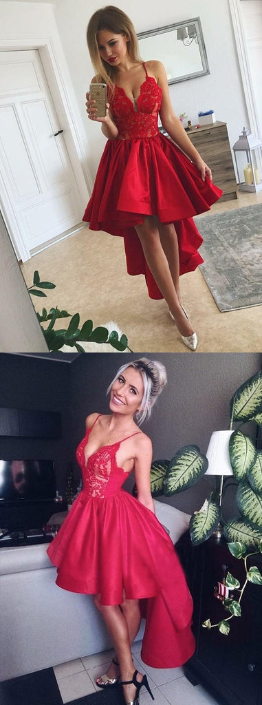 Red Spaghetti Straps Sexy V-neck Lace Top Homecoming Dresses With Pleats, HD0475