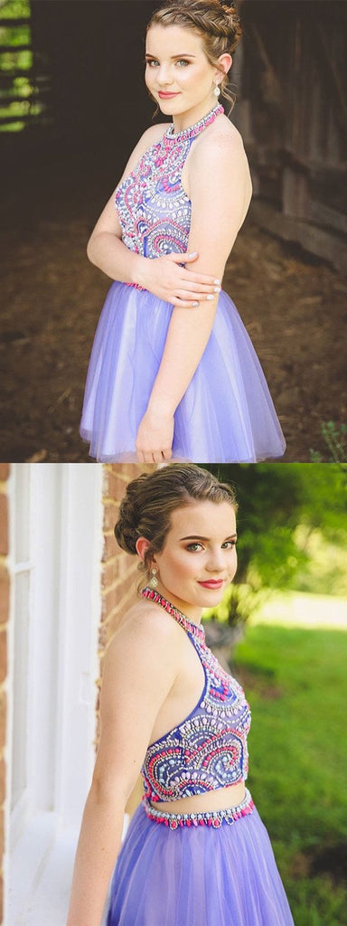 Newest Two Pieces Halter Beading Sleeveless Tulle Homecoming Dresses, HD0459