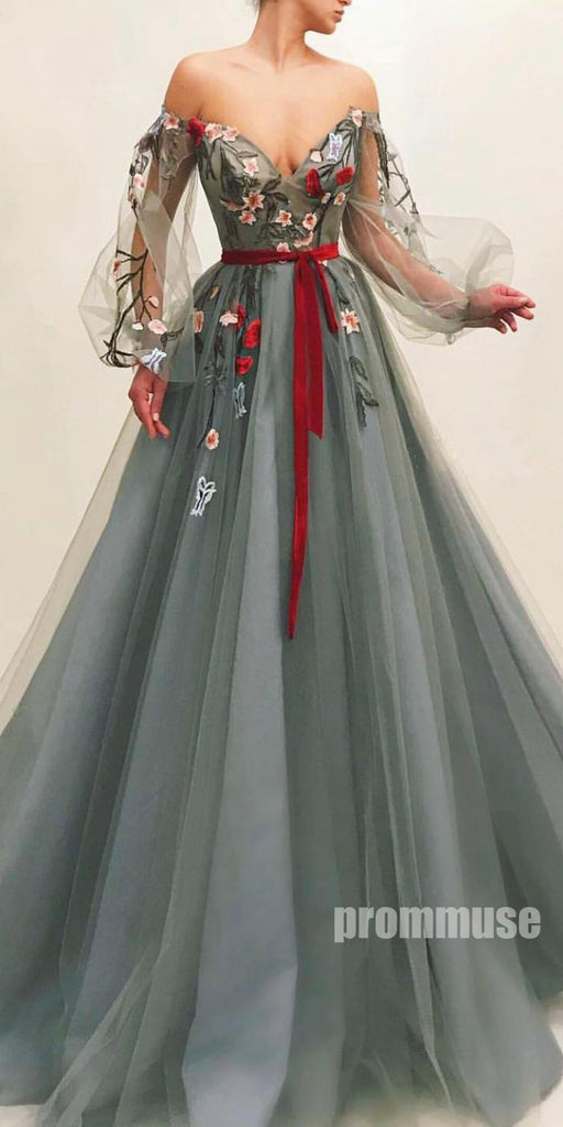 Off the Shoulder Long Sleeves A Line Tulle Long Prom Dresses SPE152