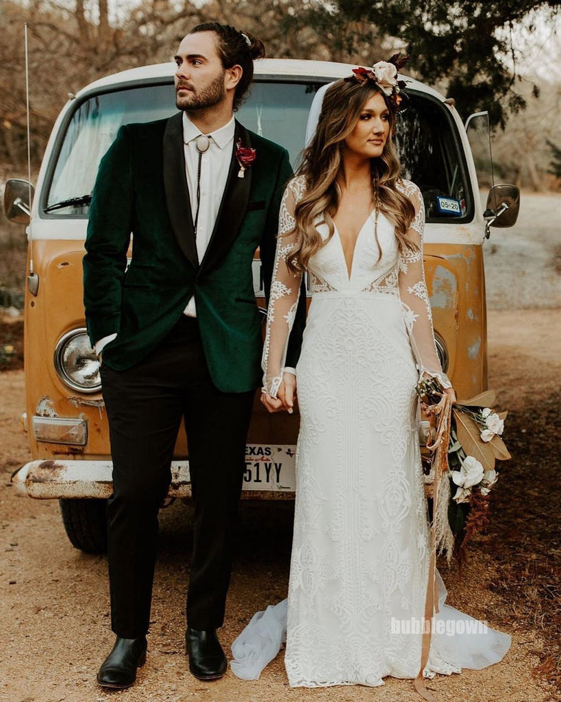Elegant V-neck Long Sleeves Mermaid Lace Wedding Dresses, BGH087