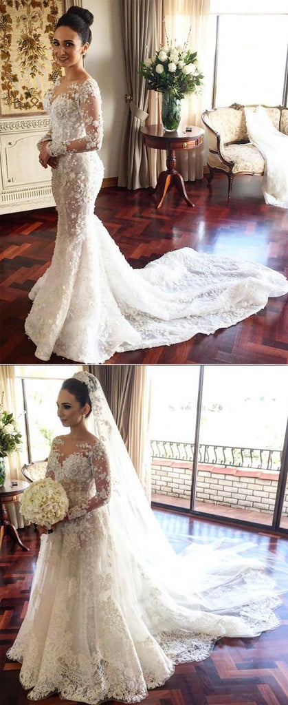 Long Sleeves Mermaid Applique Charming Bridal Long Wedding Dresses, BGP266 - Bubble Gown