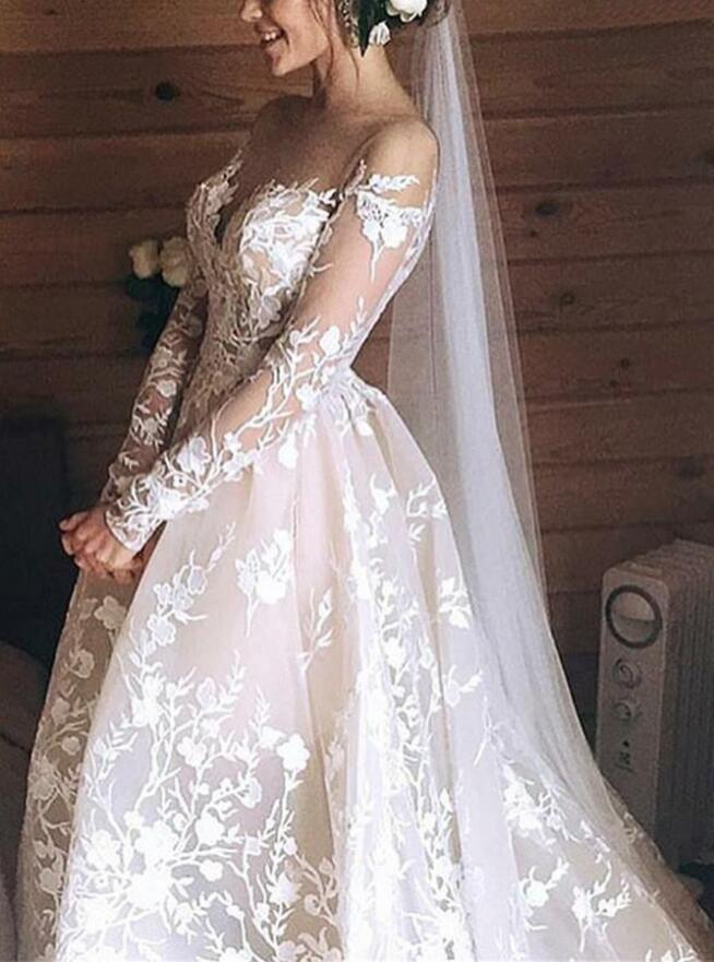 Popular Long Sleeves Unique Applique Lace Long Bridal Wedding Dresses, BGP243