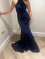 Navy Blue Sheath Mermaid Appliques Halter Long Evening Prom Dresses, MR9289