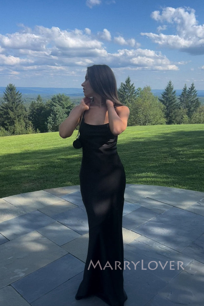 Simple Spaghetti Straps Black Long Side Slit Evening Prom Dresses Mermaid, MR0002