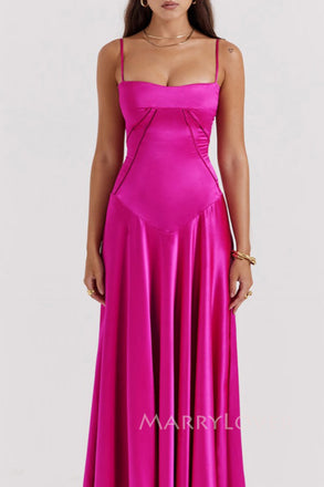 Lovely Fuchsia Satin Spaghetti Straps Long Evening Prom Dresses, MR0003