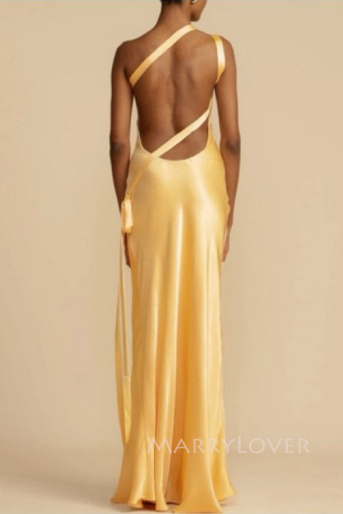 One Shoulder Backless Gold Satin Long Mermaid Evening Prom Dresses, MR0004