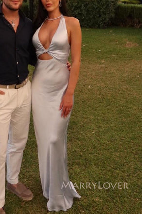 Unique Silver Grey Satin Mermaid Long Evening Prom Dresses, Deep V-neck Prom Dress, MR0007