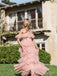Off Shoulder Pink Tulle A-line Long Evening Prom Dresses, MR0008