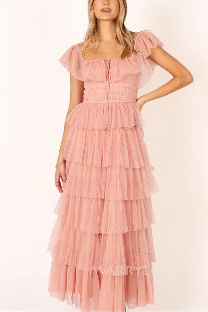 Off Shoulder Pink Tulle A-line Long Evening Prom Dresses, MR0008