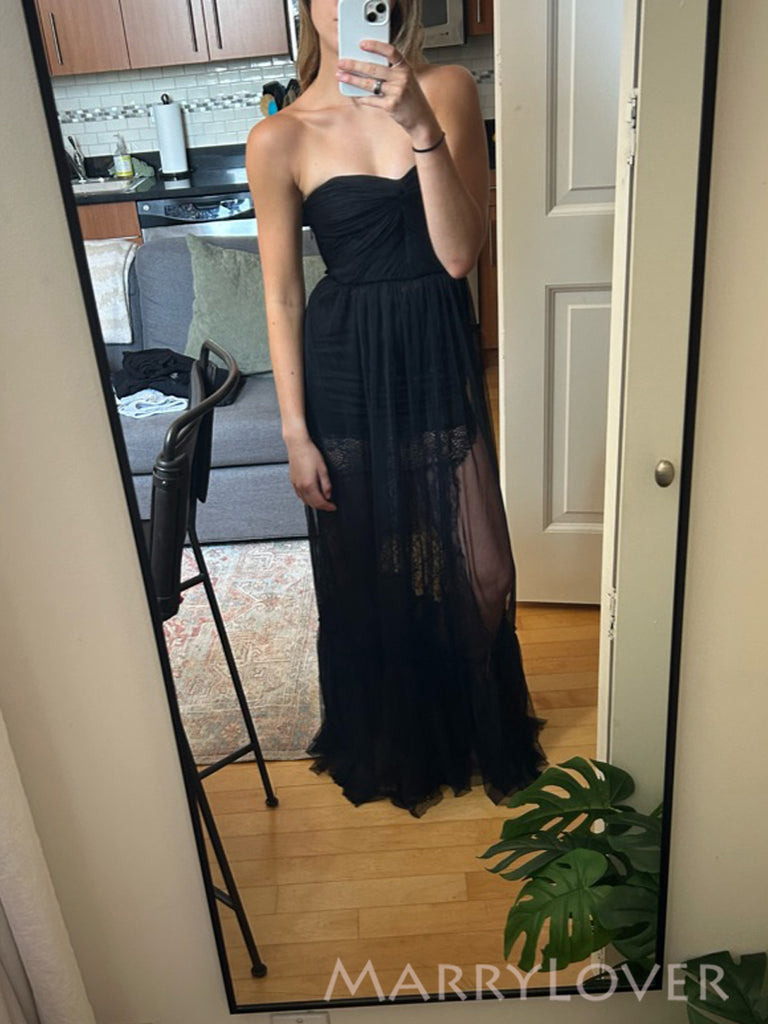 Sweetheart Black Lace Long Strapless Evening Prom Dresses, MR0010