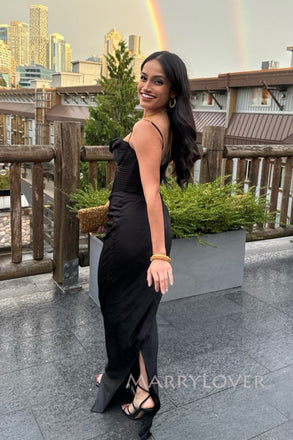 Elegant Mermaid Black Satin Long Back Slit Evening Prom Dresses, MR0011