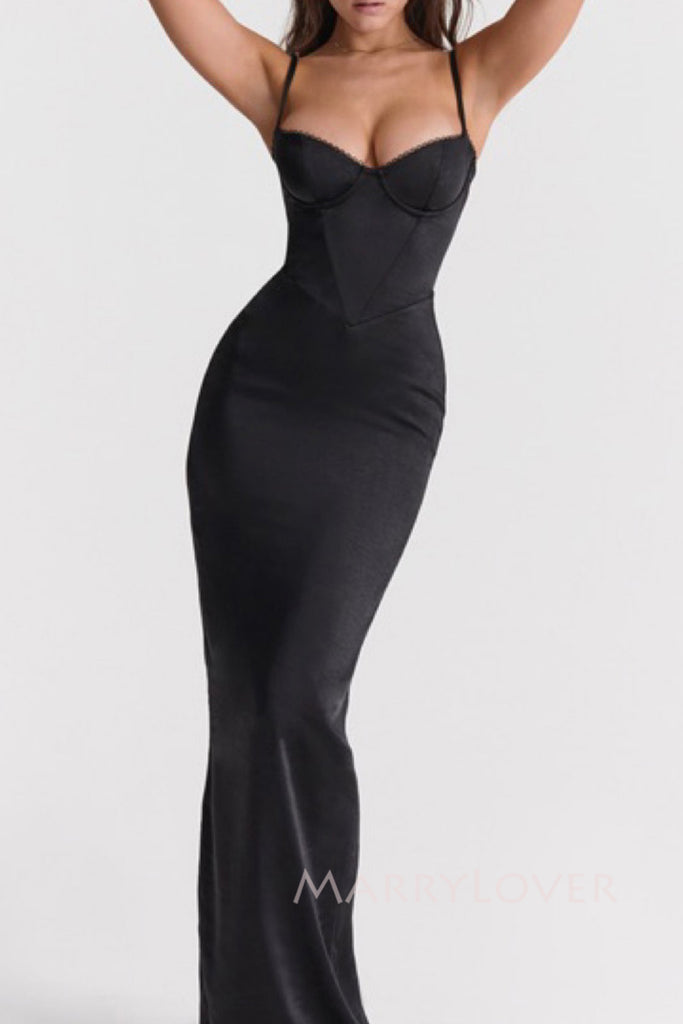 Sexy Mermaid Black Satin Long Evening Prom Dresses Spaghetti Straps, MR0012