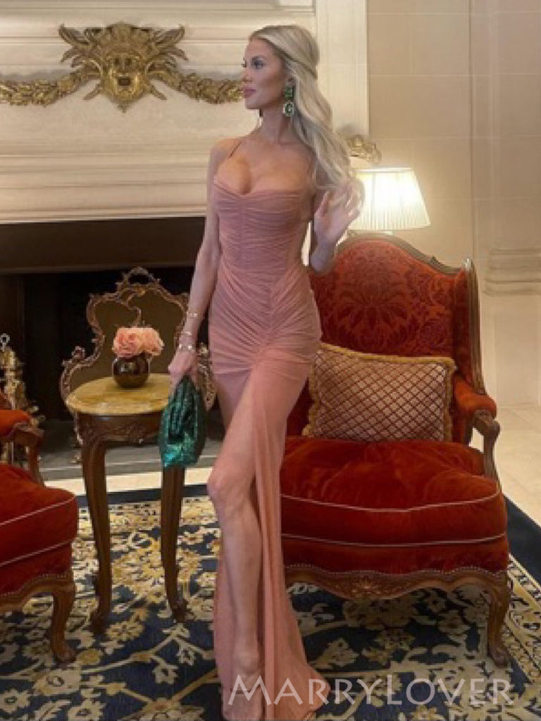 Sexy High Slit Spaghetti Straps Chiffon Long Evening Prom Dresses, MR0015