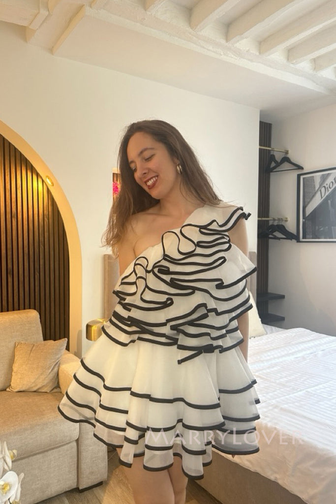 Morden White Organza One Shoulder Short Evening Prom Dresses, Home Coming Dress, MR0021