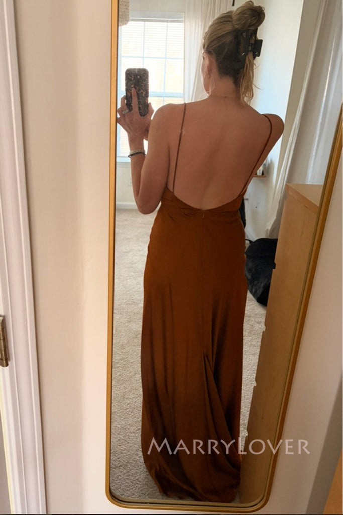 Backless Burnt orange Satin Spaghetti Straps Long Evening Prom Dresses, MR0023