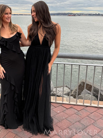 Deep V-neck A-line Black Tulle Long Evening Prom Dresses, MR0026