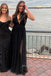 Deep V-neck A-line Black Tulle Long Evening Prom Dresses, MR0026