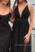 Deep V-neck A-line Black Tulle Long Evening Prom Dresses, MR0026