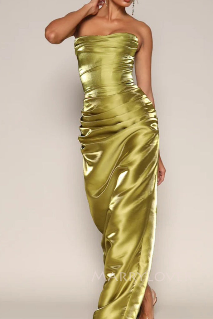 Unique Strapless Mermaid Satin Long Evening Prom Dresses, MR0027