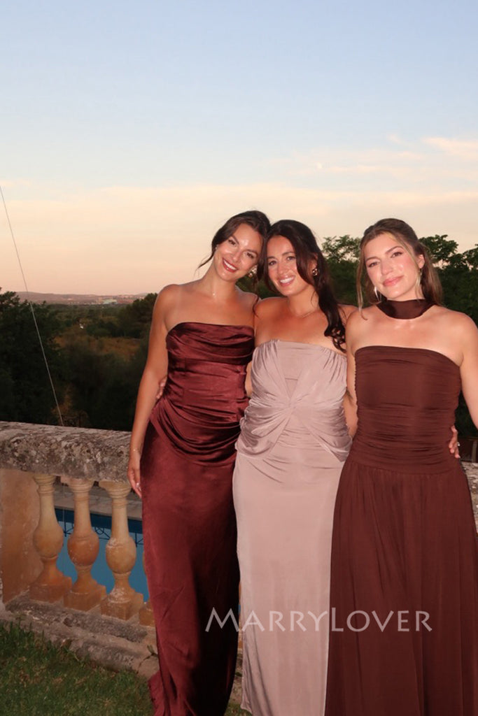 Brown Satin Mermaid Strapless Long Evening Prom Dresses, MR0030