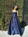 Navy Blue Satin A-line Straps Long Evening Prom Dresses, MR0032