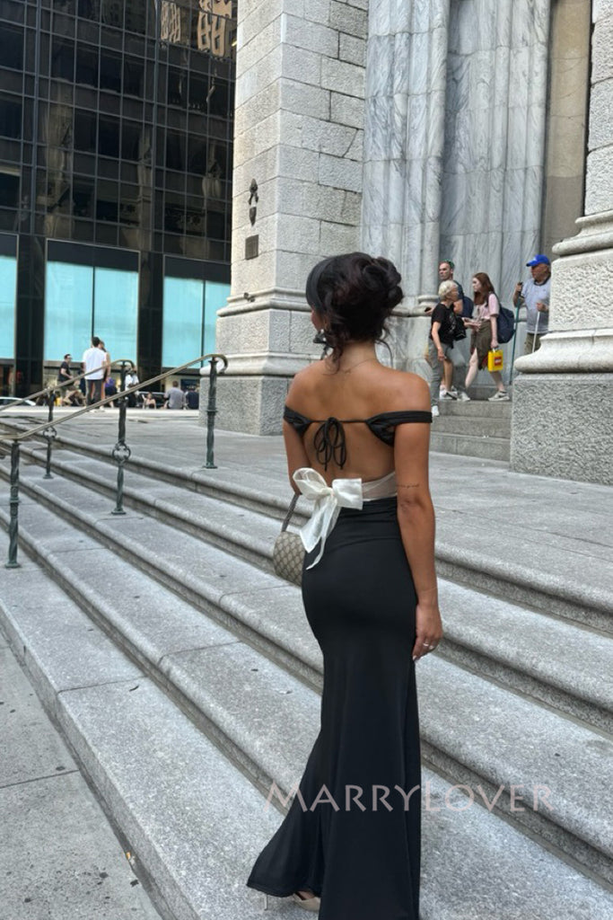 Off Shoulder Black Mermaid Backless Long Evening Prom Dresses, MR0034
