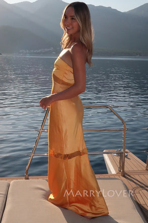 Gold Satin Lace Strapless Mermaid Long Evening Prom Dresses, MR0036