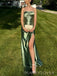 High Slit Green Satin Spaghetti Straps Long Evening Prom Dresses, MR0037