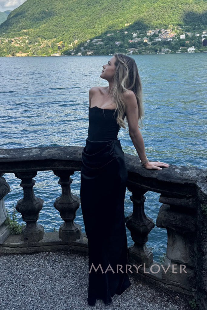 Popupar Strapless Black Satin Mermaid Long Evening Prom Dresses, MR0040