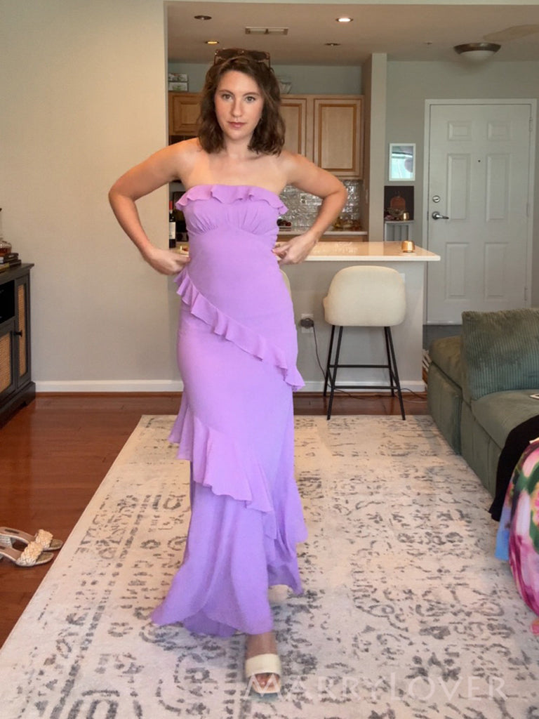 Sheath Strapless Purple Chiffon Long Mermaid Evening Prom Dresses Strapless, MR0042