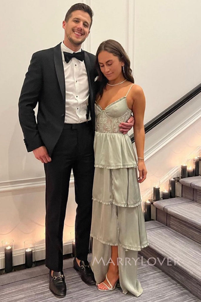 Gorgeous Spaghetti Straps Satin Lace Long Evening Prom Dresses, MR0043