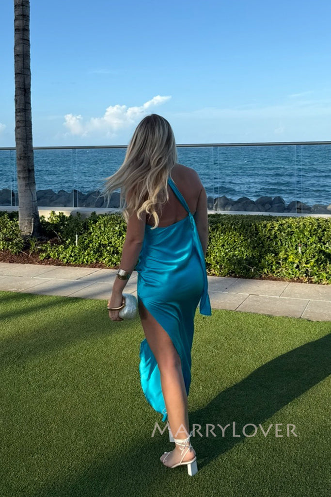 One Shoulder Blue Satin Side Slit Long Evening Prom Dresses, MR0047