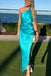 One Shoulder Blue Satin Side Slit Long Evening Prom Dresses, MR0047