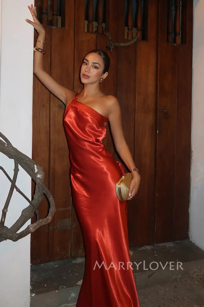 Sexy Backless One Shoulder Satin Long Evening Prom Dresses Mermaid, MR0048