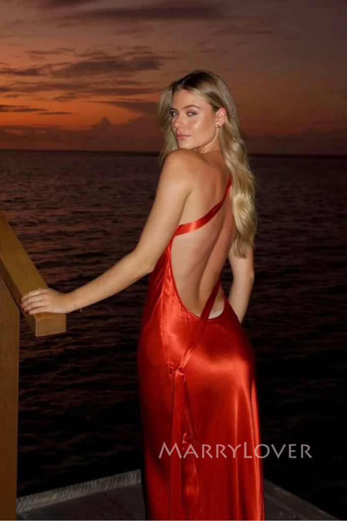 Sexy Backless One Shoulder Satin Long Evening Prom Dresses Mermaid, MR0048