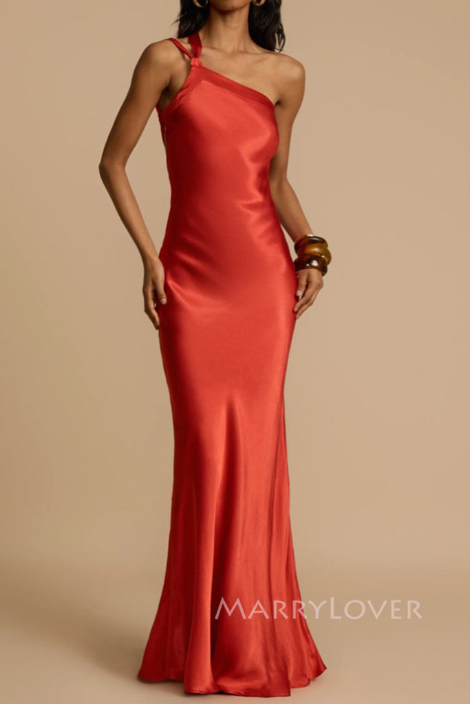 Sexy Backless One Shoulder Satin Long Evening Prom Dresses Mermaid, MR0048