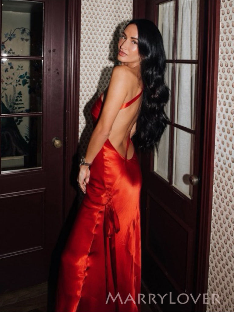 One Shoulder Soft Satin Mermiad Long Evening Prom Dresses Backless, MR0049