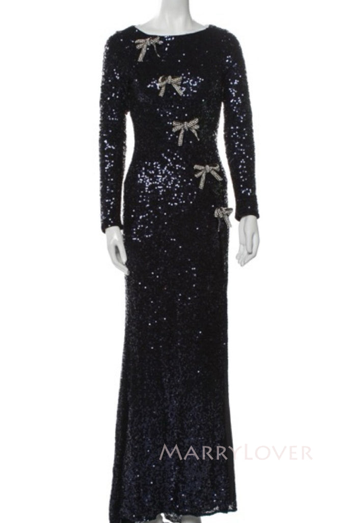 Formal Navy Blue Sequins Side Slit Long Mermaid Evening Prom Dresses, MR0051